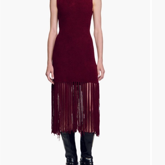 Sandro Dresses & Skirts - Sandro Burgundy Knit Fringe Midi Dress